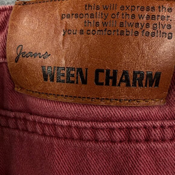 WEEN CHARM Mens Red Distressed Moto Biker / Skater Jeans Slim 32 Grunge Thrashed - Picture 4 of 10